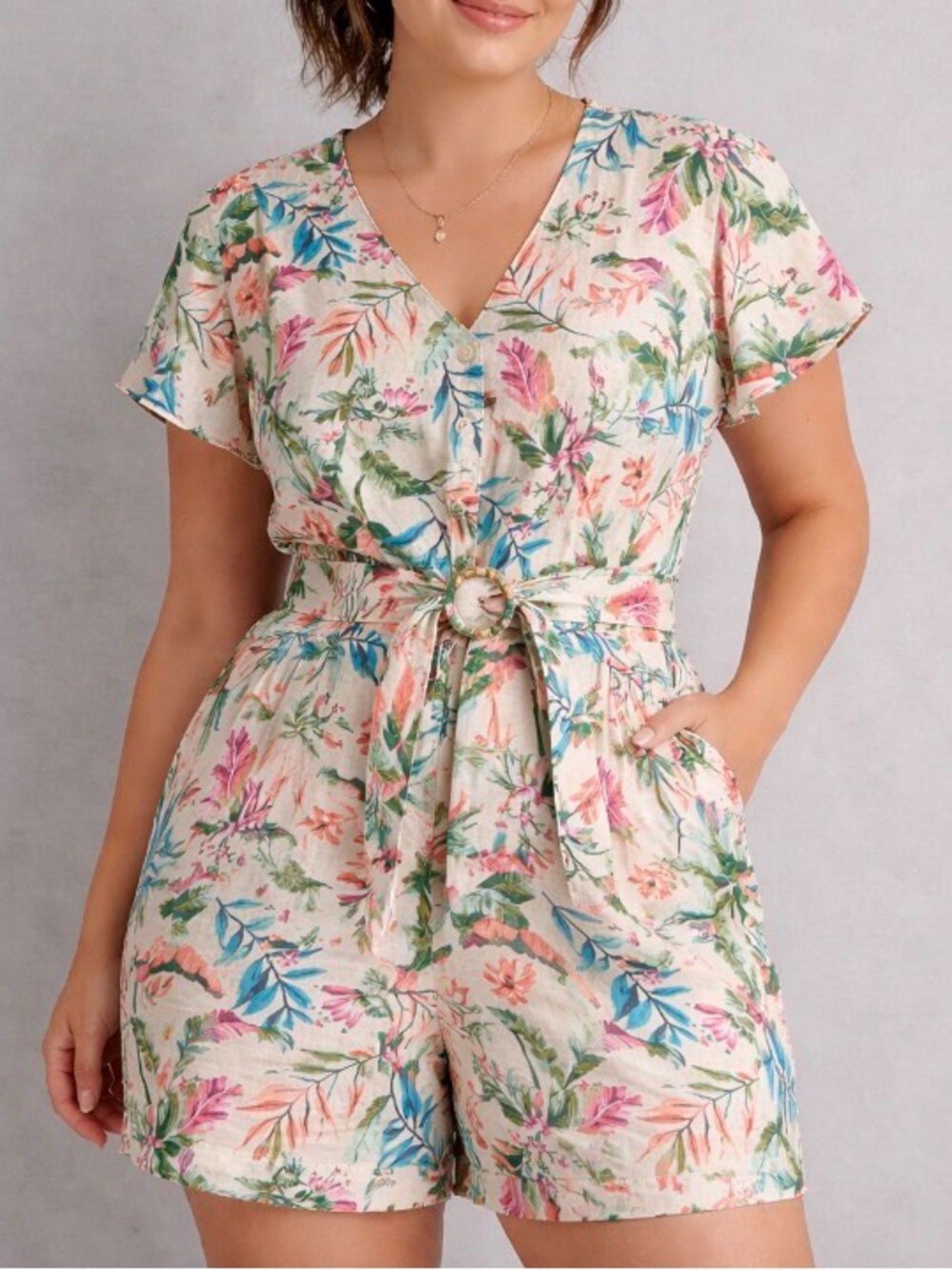 LANDS END Colorful Floral Linen Romper Size 12